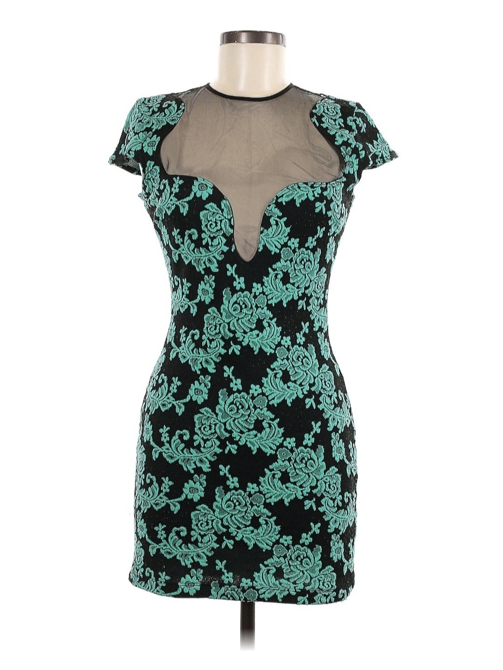 Teal Floral Lace Mini Dress with Sheer Illusion Neckline